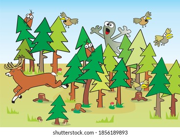 Haunted forest, animals and ghost, funny vector illustration