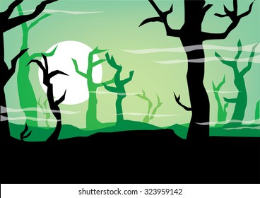 Haunted Forest with Full Moon and Fog. Editable Clip Art.