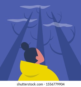 Haunted forest, night spooky scene, young lost female character looking up at the sky