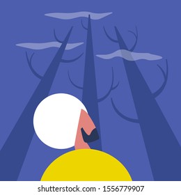 Haunted forest, night spooky scene, young lost indian character looking up at the sky