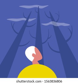 Haunted forest, night spooky scene, young lost male character looking up at the sky
