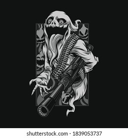 atormentada ilustración de halloween de fuego fantasma en blanco y negro