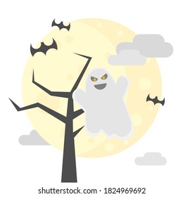 Haunted ghost at full moon. Halloween themed illustration