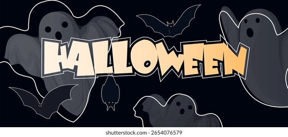 monstros fantasmas assombrados, morcegos escuros e branco esboços decoração moderno e criativo halloween conceito publicidade banner design elemento vetor ilustração.