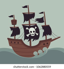 Haunted ghost ship illustration with Jolly Roger pirate flag and torn sails. Cartoon vector drawing.