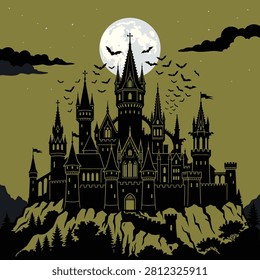 Haunted gothic castle under full moon with flying bats. Spooky Halloween night scene with eerie silhouette and dark atmosphere.