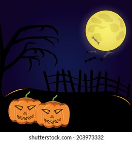 a haunted graveyard with a pair of pumpkins, a tree and some bats