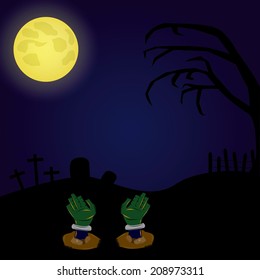 a haunted graveyard with a pair of zombie's hands, a tree and some tombs