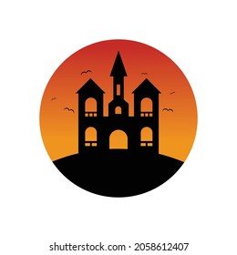 Haunted halloween castle with flying birds and sunset. silhouette. Icon vector illustration, Aesthetic, Eps 10. 