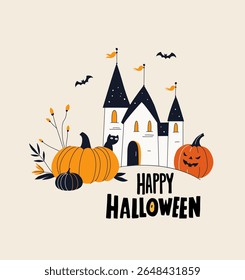 Assombrado Castelo de Halloween com abóboras e morcegos Spooky Vetor Cartão de Saudação. Casa assustadora assombrada de Halloween com Jack-o-Lanterns e Autumn Elements. Vetor plano festivo Ilustração