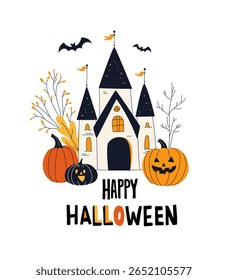 Assombrado Castelo de Halloween com abóboras e morcegos Spooky Vetor Cartão de Saudação. Casa assustadora assombrada de Halloween com Jack-o-Lanterns e Autumn Elements. Vetor plano festivo Ilustração