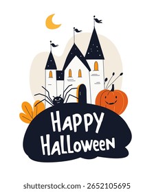 Haunted Halloween Castle with Pumpkins and Spider Spooky Vector Greeting Card. Scary Halloween Haunted House with Jack-o-Lanterns and Autumn Elements. Festive flat vector Illustration