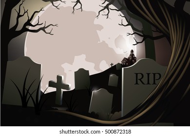 Haunted Halloween cemetery background with copy space in full moon. EPS 10 vector.