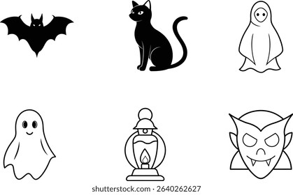 Haunted Halloween Elements Line Art Set.