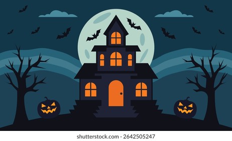 Haunted Halloween house background with bats and shadows