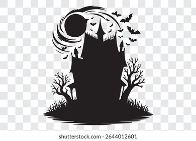 haunted Halloween house line art silhouette vector illustration