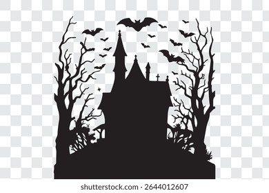 haunted Halloween house line art silhouette vector illustration