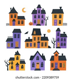 Haunted halloween house set. Hand drawn vector illustration.