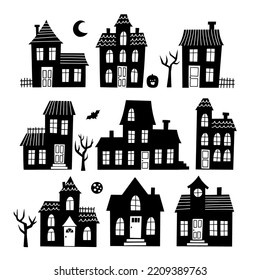 Haunted halloween house silhouette set. Hand drawn vector illustration.