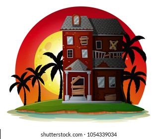 Haunted halloween house at sunset