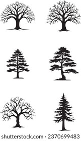 A Haunted Halloween Illustration: Spooky Trees and Branches Without Leaves, and a Dead Tree Silhouette Vector