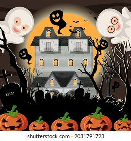 Haunted halloween mansion at night illustration