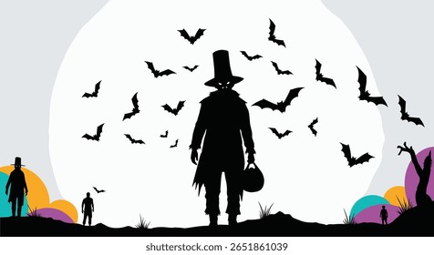 Haunted Halloween Night With Spooky Silhouettes And Flying Bats Under Full Moon