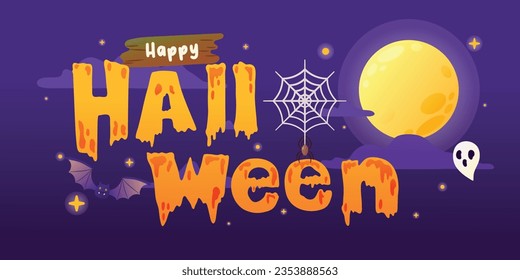 Haunted Halloween Night, Typography Banner with Full Moon Ambience, Vector, Illustration