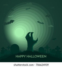 Haunted Happy Halloween vector banner with dead hand on cemetery in full moon light.