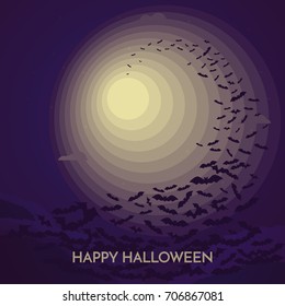 Haunted Happy Halloween vector banner with bats flying to the full moon light.