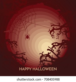 Haunted Happy Halloween vector banner with spider on the web in full moon light.