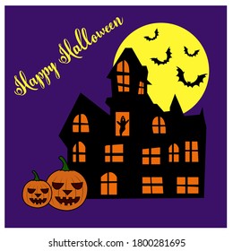 Haunted Haus vector with ghost in a window, pumpkin, yellow moon and bats Happy Halloween postcard on dark background