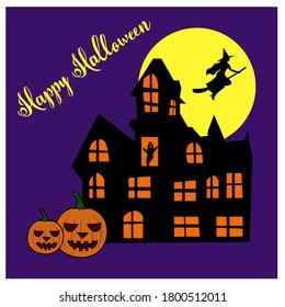 Haunted Haus vector with pumpkins, ghost in the window, moon and witch Happy Halloween postcard on dark blue background