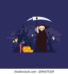 Haunted helloween vector illustration. Cemetery, haunted house, bats and vampire, grim reaper and the devil. Vector isolated horror night illustration. Scary Samhain party invitation or card design.