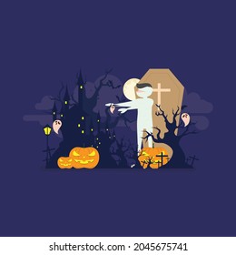 Haunted helloween vector illustration. Cemetery, haunted house, mumy and vampire, grim reaper and the devil. Vector isolated horror night illustration. Scary Samhain party invitation or card design.