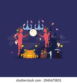 Ilustración vectorial de casco embrujado. Cementerio, casa embrujada, murciélagos y vampiros, parra y el diablo. Ilustración nocturna de horror aislada por vectores. Da miedo la invitación de Samhain o el diseño de la tarjeta.