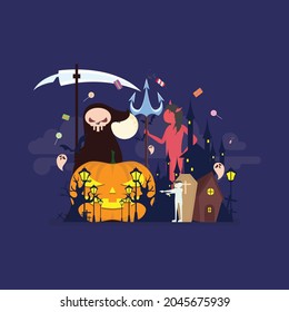 Haunted helloween vector illustration. Cemetery, haunted house, mumy and vampire, grim reaper and the devil. Vector isolated horror night illustration. Scary Samhain party invitation or card design.