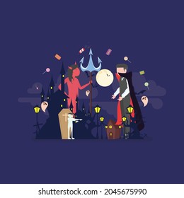 Haunted helloween vector illustration. Cemetery, haunted house, mumy and vampire, grim reaper and the devil. Vector isolated horror night illustration. Scary Samhain party invitation or card design.
