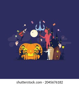Haunted helloween vector illustration. Cemetery, haunted house, mumy, and vampire, grim reaper and the devil. Vector isolated horror night illustration. Scary Samhain party invitation or card design.