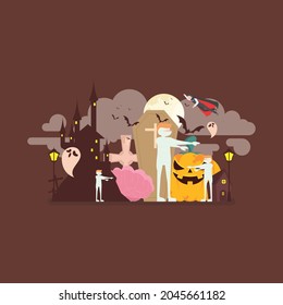 Ilustración vectorial de casco embrujado. Fondo de Halloween. Escena de mansión espeluznante con luna grande, fantasma, murciélagos, con fondo marrón. Da miedo la invitación de Samhain o el diseño de la tarjeta.