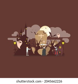 Haunted helloween vector illustration. Halloween background. Spooky mansion scene with big moon, ghost, bats, on brown background. Scary Samhain party invitation or card design.