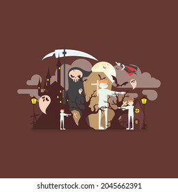 Ilustración vectorial de casco embrujado. Fondo de Halloween. Escena de mansión espeluznante con luna grande, fantasma, murciélagos, con fondo marrón. Da miedo la invitación de Samhain o el diseño de la tarjeta.