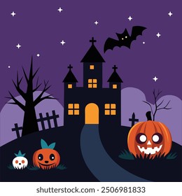 Haunted Hilltop Castle with Grinning Pumpkins and Night Sky - Halloween Night Art.