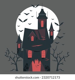 Haunted horror house. Old wooden grungy dark evil haunted house with evil spirits with full moon cold fog atmosphere and trees illustration. Halloween castle scenery with full moon in majestic night 