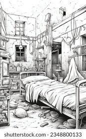 Haunted Hospital Ward: A hospital ward filled with tattered beds, flickering lights, and wandering zombie patients in hospital gowns. Medical equipment hangs haphazardly from walls