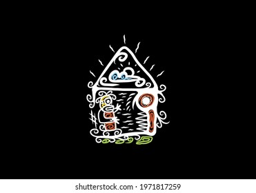 Haunted House Abstract Line Art Drawing Design