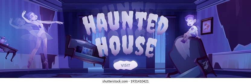 Haunted house banner with cartoon illustration of ghosts in old abandoned living room with broken furniture at night. Vector landing page of Halloween party or scary show with spirits