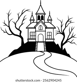 Haunted House and Bare Trees in Line Art Vector Illustration