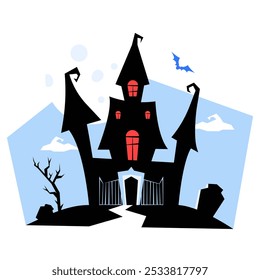 Haunted House With Bat And Gravestones In Flat Vector Illustration Symbolizing Fear, Spookiness, And Halloween Spirit, Isolated On White Background