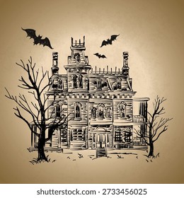 Haunted house bats bare trees vintage grunge background spooky